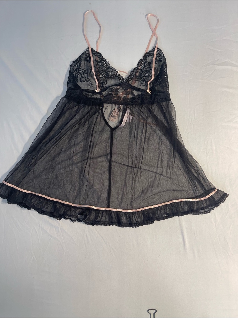 Victoria Secret- Sm- Lace & Mesh Babydoll Nightie - Black with Pink Trim